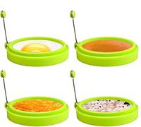 HengLiSam 4 Anelli per Uova per Friggere, Stampi per Uova Fritte in Silicone Antiaderente da 10 Cm, Anello Rotondo per Cucinare Uova Perfette, Pancake, Manico Resistente al Calore (Verde)