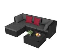 HENGMEI Set di 3 mobili da giardino in polyrattan, divano ad angolo, con cuscino di seduta, elementi combinabili, divano da giardino, sgabello, tavolino con piano in vetro