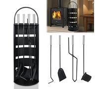HENGMEI Set di 5 accessori per camino in acciaio inox, set di posate per camino, con supporto, scopa, pinza, gancio, pala per stufa a legna, nero