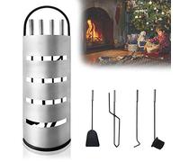 HENGMEI Set di 5 accessori per camino in acciaio inox, set di posate per camino, con supporto, scopa, pinza, gancio, pala per stufa a legna, argento