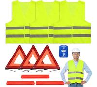 Hengrongshen 3 Pezzi Gilet Alta visibilità, 3 Pezzi Triangolo Auto e Un Cartello Parcheggio, Giubbotto Catarifrangente Auto Kit per la Sicurezza Stradale