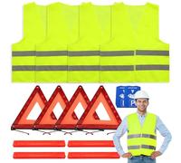 Hengrongshen 4 Pezzi Gilet Alta visibilità, 4 Pezzi Triangolo Auto e Un 2 Cartello Parcheggio, Giubbotto Catarifrangente Auto Kit per la Sicurezza Stradale