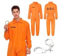 Hengrongshen Costume Carcerato Uomo, Vestito da Prigione Arancione con Manette, Perfetto per Carnevale Halloween