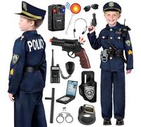 Hengrongshen Costume Poliziotto Bambino, Vestito Poliziotto Bambino con Cappello Camicia Pantaloni Manette Distintivo Polizia e altri Accessori Polizia per Halloween Carnevale (6-8 anni)