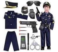 Hengrongshen Costume Poliziotto Bambino, Vestito Poliziotto Bambino con Cappello Poliziotto Camicia Pantaloni Manette Distintivo Polizia e altri Accessori Polizia per Halloween Carnevale (10-13anni)