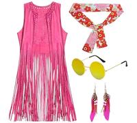 Hengrongshen Vestiti Anni 70 Donna, Rosa Senza Maniche Gilet con Frange Donna Indossare un Foulard, Occhiali, Orecchini, Vestito Hippie Costumi di Carnevale