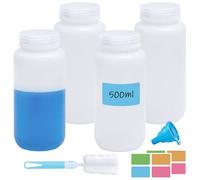 Hengxinchen 4 Pezzi 500 ml Flaconi a Collo Largo, Bottiglie Plastica Reagenti Chimici da Laboratorio, Bottiglia a Collo Largo con Tappo a Vite, con Spazzola, Funnel, per Laboratorio, Aula, Famiglia