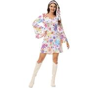 Hengzhifeng Abito Discoteca Anni 70 Donna e Fascia Festa Tema Carnevale Costume (3X-Large, Bianco Flower)