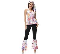 Hengzhifeng Costume Hippie Donna Discoteca Anni 70 80 Carnevale Festa Tema Fashion Outfit (XX-Large, Bianco Flower)