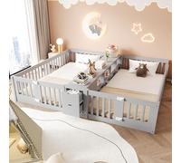 Henjda Letto per bambini 90 x 200 cm, letto matrimoniale per fratelli e gemelli, letto a castello con vano portaoggetti, 2 cassetti e ripiano a doppio piano, letto in legno con sponde di sicurezza
