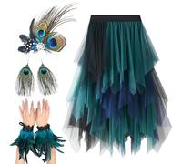 Henjunu Costume da Pavone da Donna 6 Pezzi, Gonna Tulle Pavone con Polsini Piuma Naturale, Orecchini di Pavone, Fermaglio Copricapo di Piume Pavone, per Carnevale Halloween Cosplay