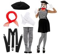 Henjunu Costume Mimo Donna, con Berretto Nero, Calze a Righe Bianche e Nere, Guanti Bianchi, Costume Pantomima Signore, Costume Cosplay Adulti per Carnevale Halloween