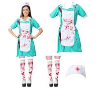 Henkodo Zombie, costume da infermiera, Halloween, costume da donna, costume da infermiera, con grembiule, calze da donna, per Halloween, carnevale, cosplay, feste
