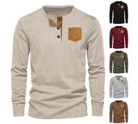 Henley - Camicetta da uomo in velluto a coste con tasca, a maniche lunghe, con bottoni, camicetta casual, Beige, XXL