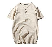 Henley, camicia da uomo a maniche corte, in cotone e lino, con bottoni, scollo a V, per lavoro, estiva, Camicie Henley Beige Uomo Manica Corta, 5XL