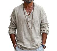 Henley, camicia da uomo a maniche lunghe con scollo a V, vestibilità ampia, casual, stile boho, tinta unita, camicia rilassata per la spiaggia, Beige, S