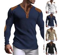 Henley, camicia da uomo a nido d'ape, con toppa sul gomito, a maniche lunghe, 3 bottoni, casual, slim fit, camicetta pullover top, Bianco, M
