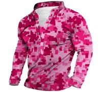 Henley, camicia da uomo con stampa mimetica, a maniche lunghe, con bottoni, colletto rialzato, camicetta casual, Rosa, S