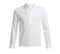 Henley, camicia da uomo in cotone e lino, a maniche lunghe, con bottoni, casual, da spiaggia, con colletto a fascia, top estivi, Bianco, 5XL