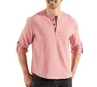 Henley, camicia da uomo in cotone e lino, a maniche lunghe, con bottoni, stile casual, tinta unita, vestibilità aderente, Rosa, XL