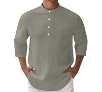 Henley Camicia da uomo in lino con maniche a 3/4, a maniche lunghe, per il tempo libero, estiva, per le vacanze, la spiaggia, estiva, con bottoni, colletto alto, tinta unita, per il business, grigio