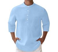 Henley Camicia da uomo in lino con maniche a 3/4, a maniche lunghe, per il tempo libero, estiva, spiaggia, casual, per vacanze, spiaggia, estiva, con bottoni, colletto alto, tinta unita, Celeste., XXL