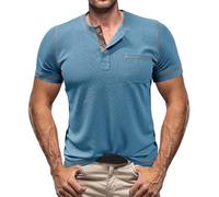 Henley Camicia Tech 3 bottoni ad asciugatura rapida maglietta manica corta palestra t-shirt slim fit leggero casual basic tees, Z01-blu, L