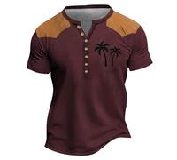 Henley Camicie da uomo a maniche corte a blocchi di colore 6 bottoni giù scollo a V t-shirt top camicetta palma albero di cocco tee, Red Henley Camicie Uomo Manica Corta, M
