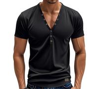 Henley Camicie da uomo a maniche corte con scollo a V profondo T-shirt button down camicia tinta unita top camicette estive casual magliette, Camicie Henley nere per uomo manica corta, L