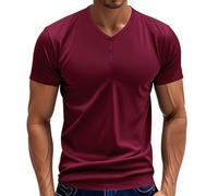 Henley Camicie da uomo a maniche corte con scollo a V profondo T-shirt con 2 bottoni camicia top casual vestibilità muscolare t-shirt tinta unita camicetta, Red Henley Camicie Uomo Manica Corta, M