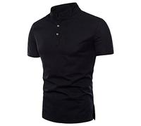 Henley Camicie da uomo a maniche corte in cotone e lino, con colletto alla coreana, abbottonatura sul davanti, orlo diviso, camicette top, Z02-Nero, 4XL