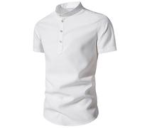 Henley Camicie da uomo a maniche corte in cotone e lino, con colletto alla coreana, abbottonatura sul davanti, orlo diviso, camicette top, Z01-Bianco, XL