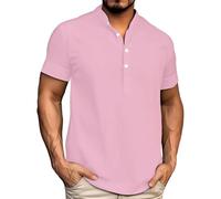 Henley Camicie da uomo a maniche corte in tinta unita magliette con colletto alla coreana camicia button down top camicetta estiva casual tees, Camicie Henley Rosa Uomo Manica Corta, L