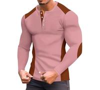 Henley Camicie da uomo a maniche lunghe a nido d'ape, a blocchi di colore, con bottoni, camicia con toppa sul gomito, top casual, Rosa, 3XL