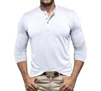 Henley Camicie da uomo a maniche lunghe button down t-shirt casual con scollo a V camicia slim fit top tinta unita camicetta t-shirt 2025, Bianco, XXL