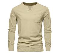 Henley Camicie da uomo a maniche lunghe con tasche abbottonatura t-shirt tinta unita camicette casual vestibilità ampia top, Beige, XXL
