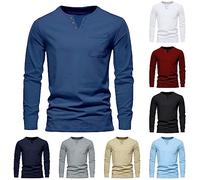 Henley Camicie da uomo a maniche lunghe con tasche abbottonatura t-shirt tinta unita camicette casual vestibilità ampia top, Bianco, L