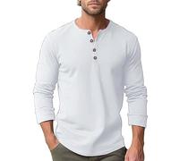 Henley - Camicie da uomo a maniche lunghe, per l'autunno, vestibilità aderente, con bottoni, stile casual, in cotone, Bianco, S