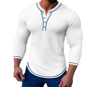 Henley Camicie da uomo a nido d'ape, a maniche lunghe, con bottoni, stile casual, vestibilità aderente, stile vintage, Bianco, XL