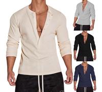 Henley Camicie da uomo a nido d'ape con scollo a V, a maniche lunghe, con bottoni, camicetta casual autunnale slim fit, Bianco, XL