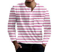 Henley Camicie da uomo a righe a maniche lunghe con tasche Button Down Top Camicia a blocchi di colore Camicette Casual Tee, Rosa acceso, XL