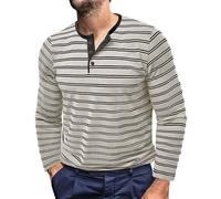 Henley Camicie da uomo a righe T-shirt a maniche lunghe con bottoni e scollo a V camicia alla moda slim fit camicetta casual tinta unita top, Bianco, L