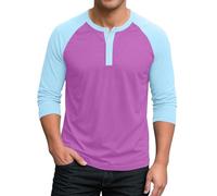 Henley Camicie da uomo casual in jersey da baseball top a blocchi di colore magliette raglan a maniche lunghe abbottonate camicette, Rosa acceso, XL