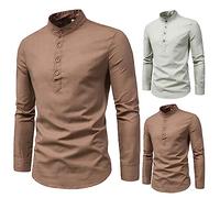 Henley Camicie da uomo in cotone e lino, con colletto rialzato, camicia autunnale, casual, a maniche lunghe, 4 bottoni, Marrone, M