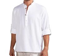 Henley Camicie da uomo in cotone e lino, maglietta autunnale a maniche lunghe, casual, con bottoni, camicette pullover top, Bianco, L