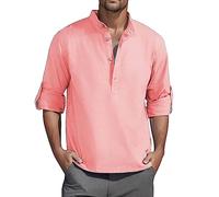 Henley Camicie da uomo in cotone e lino, maglietta autunnale a maniche lunghe, casual, con bottoni, camicette pullover top, Rosa, S