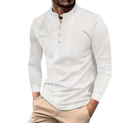 Henley Camicie da uomo in stile cinese con bottoni, a maniche lunghe, camicia con bottoni, vestibilità classica, camicette casual, Bianco, XXL