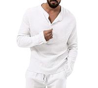 Henley Camicie da uomo in tessuto a bolle T-shirt a maniche lunghe con bottoni camicia causale slim fit girocollo top t-shirt camicetta, Bianco, XXL