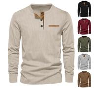 Henley Camicie da uomo in velluto a coste con tasche finte magliette a maniche lunghe con bottoni a quarto camicia camicetta casual pullover top, Nero, XXL