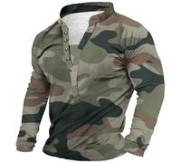 Henley Camicie da uomo Maglietta con stampa mimetica con bottoni e scollo a V a maniche lunghe pullover top con colletto rialzato camicetta, verde 1, S